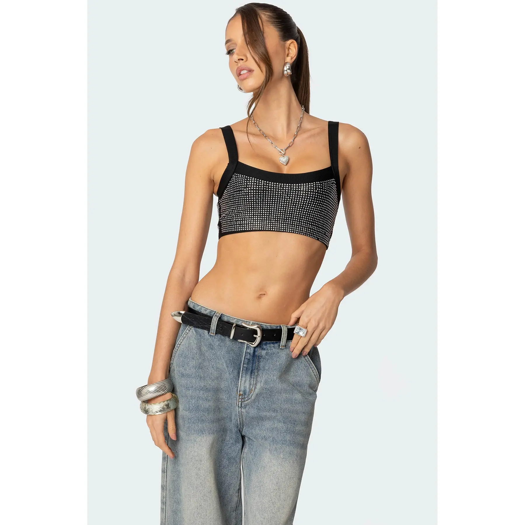 Rhinestone Ribbed Crop Top