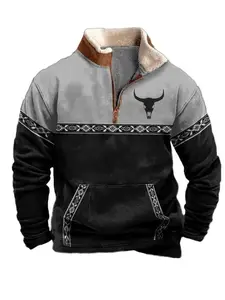 Men ' s Aztec Hoodie Western Inspired Design1/4 Zip Long Sleeve Pullover Pullover Sweatshirt   Classic Cotton