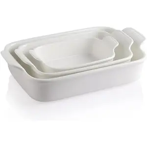 Baking Pans Set, 9x13 Baking Dish with Handle, Rectangular for Oven, Sets of 3, Lasagna Pan Deep for, Banquet, Wedding Gift(White)