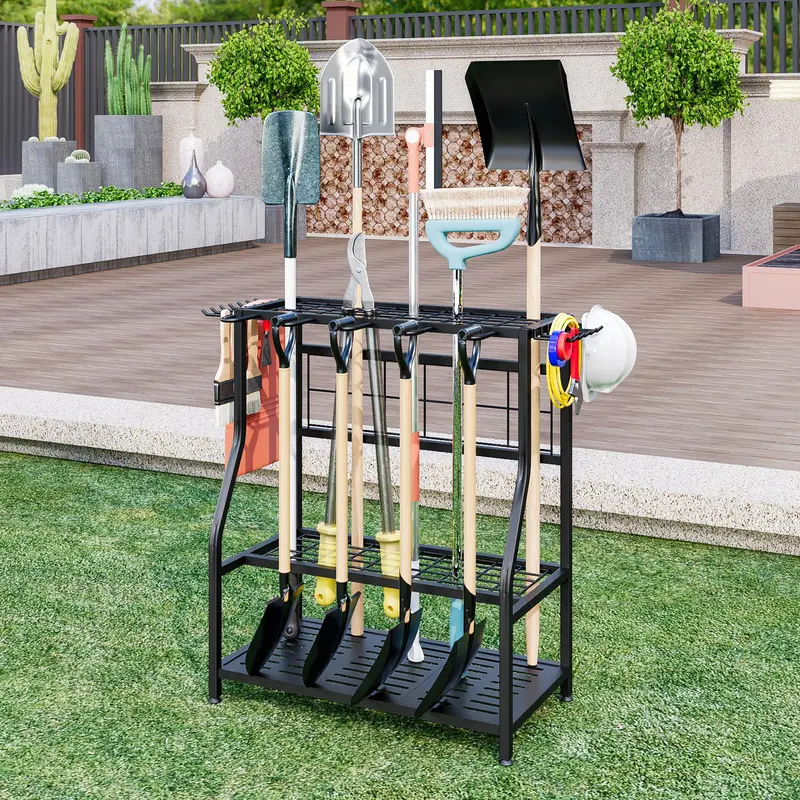 Heavy-Duty Corrosion-Resistant Durable Steel Rectangle Floor Tool Organizer Hardware, 35"w x 18"d x 66"h Metal Storage Rack for Garage Organization & Up to 60 Long-Handled Patio Yard Supplies