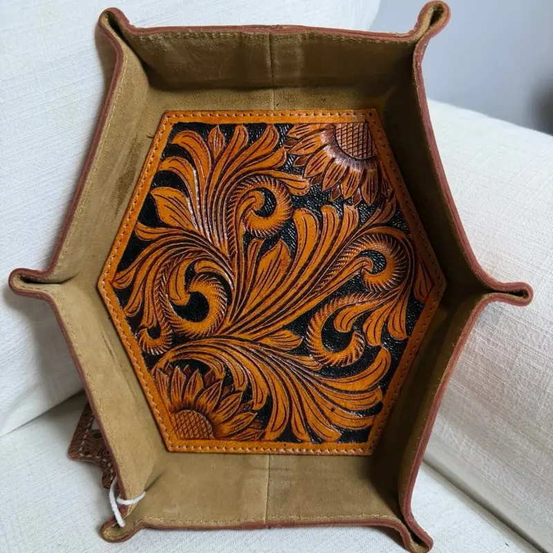 Genuine Leather Tooled Brown Bowl