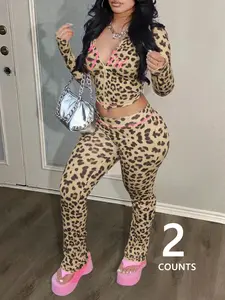 Women's Letter & Leopard Print Zipper Long Sleeve Jacket, Matching Bell Bottoms, Soft Knit Streetwear, Y2K Street Style, Casual