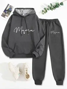 Two-piece Set Women's Letter Drop Shoulder Long Sleeve Drawstring Pocket Hoodie & Elastic Waist Sweatpants, Matching Sets, Two Piece Set Women, Fashion Cozy Casual Two Piece Outfits for Daily Outdoor, Women Clothes for Fall & Winter， Womenswear