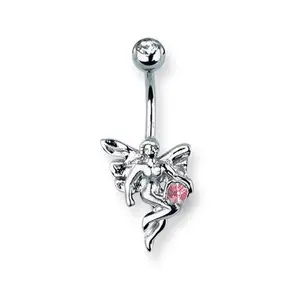 Surgical Stainless Steel Curved Belly Button Ring - Fairy & Pink Crystal