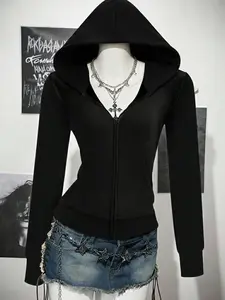 Women's Zipper Hoodie, Womenswear, Tops, Sweatshirts, Long Sleeves, Fitted Outerwear, Soft Knit Clothing, Y2K Street Style, Casual for All Seasons, Graphic Design, 1 Piece