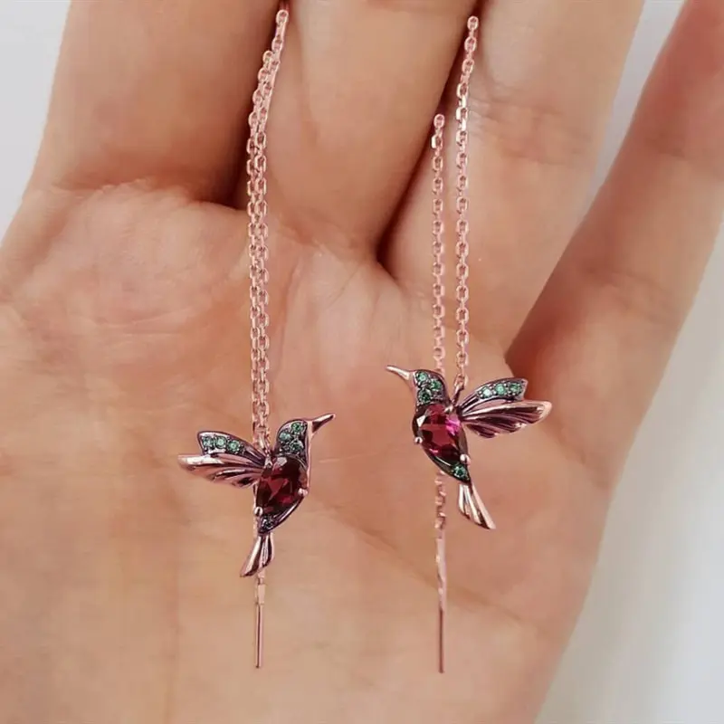 Hummingbird Threader Earrings for Women, Nature-Inspired Rose Gold Tone Jewelry with Red & Green Sparkling Accents and Bling Effect, Exquisite Jewelry Gift, Hummingbird Earrings, Animal Shaped Earrings