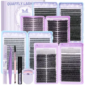 QUAFFLY Lash Clusters Kit DIY Eyelash Extensions Wispy Eyelash Clusters Kit Cat/Natural/Bottom Lash Extension Kit with Lash Bond and Seal,Remover,Tweezers,Dual-Ended Brush,Lash Curler,Eyelash Glue Extension(4 Boxes Kit-1)
