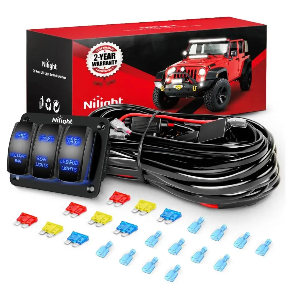 Nilight 16AWG 540W 3-Gang Wire Harness Kit - ABS+PC Build, Flexible, Durable, 6 Leads, 3-Gang Rocker Switch, 9 Waterproof Fuses, 12 Spade Connectors, 45A 16AWG Carry, LED Control for Boats