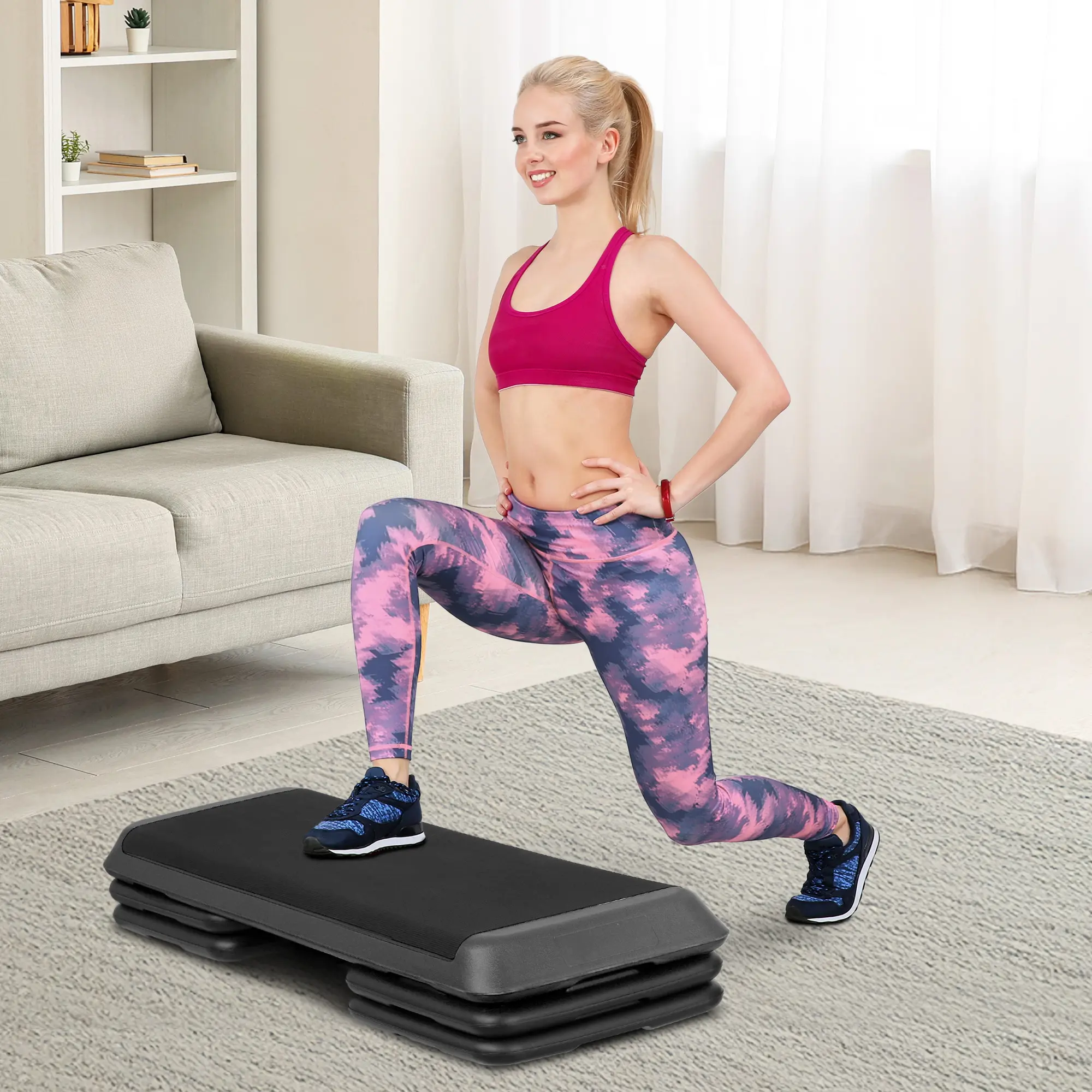 Zeny 43-in Adjustable Height Aerobic Exercise Step Platform - Multi-Exercise Board, Strength Workout, Plyometric, Portable Incline Steppers, 4 Grooved Polyethylene Risers, Non-Slip Large Surface, 550lbs Max Capacity Shockproof Home Gym Equipment, Multi-Ex