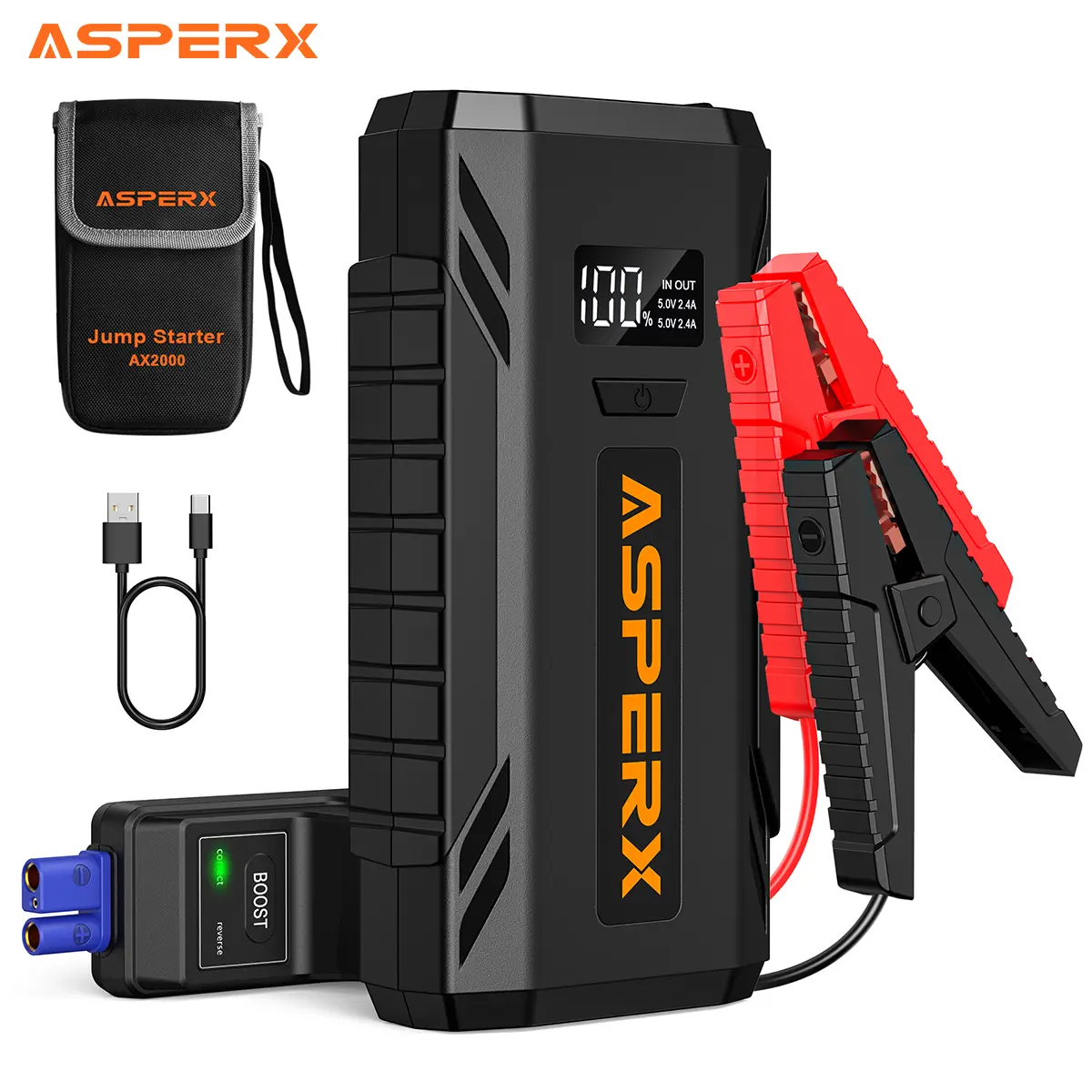 AsperX AX2000 Car Jump Starter, 2000A Peak Battery Jump Box with LCD Display, LED Flashlight, Automotive Jumper Cable