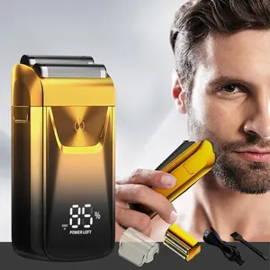 Golden Stainless Steel Handle Electric Shaver for Men USB Rechargeable Rotary Double Razors LED Digital Display 3-Speed Adjustable Portable Hair Clipper