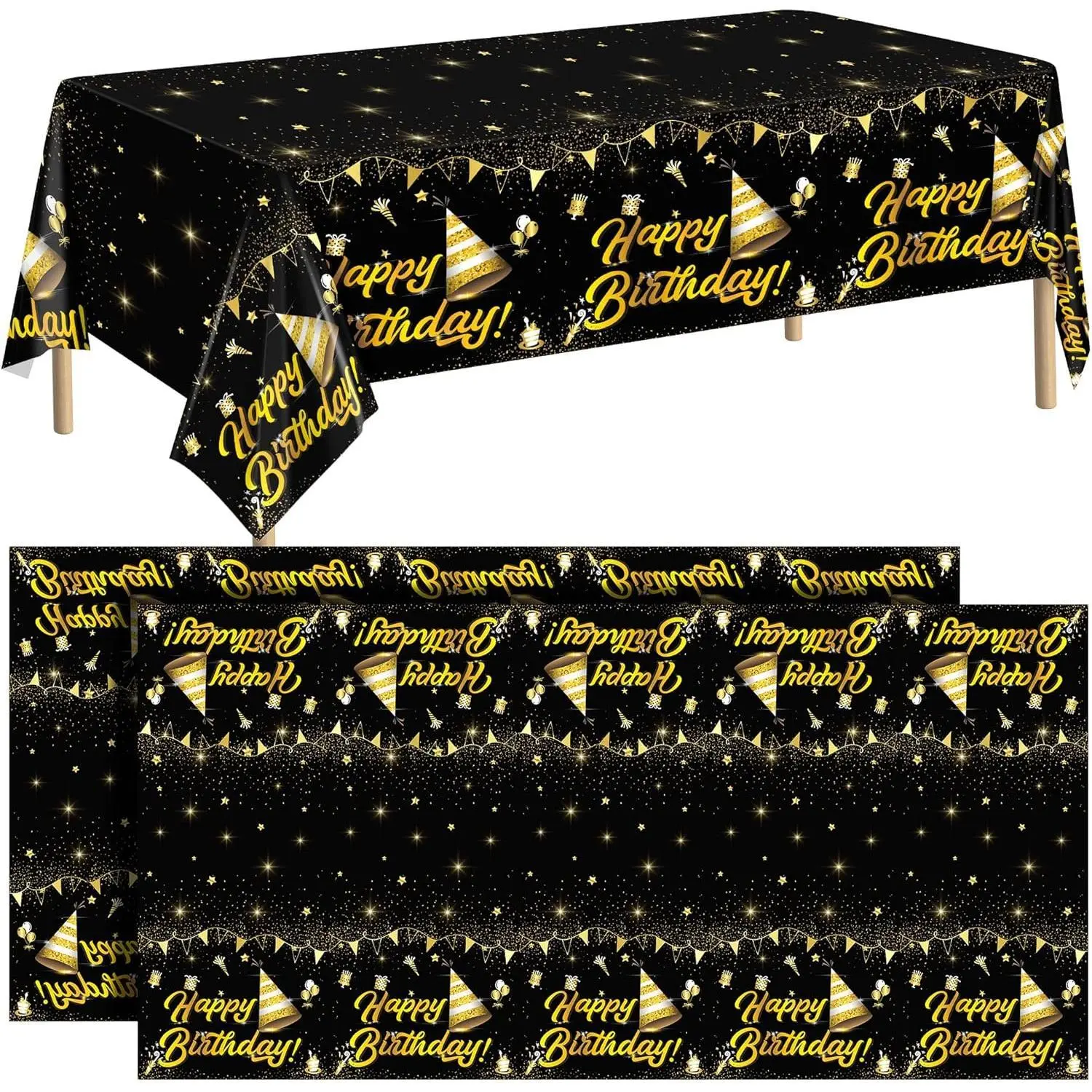 2 Pack Birthday Tablecloth Table Cover Plastic Black Gold Happy Tablecloth Waterproof Rectangular Table Cloth Cover for Indoor or Outdoor Parties Birthday