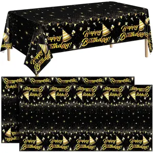 2 Pack Birthday Tablecloth Table Cover Plastic Black Gold Happy Tablecloth Waterproof Rectangular Table Cloth Cover for Indoor or Outdoor Parties Birthday