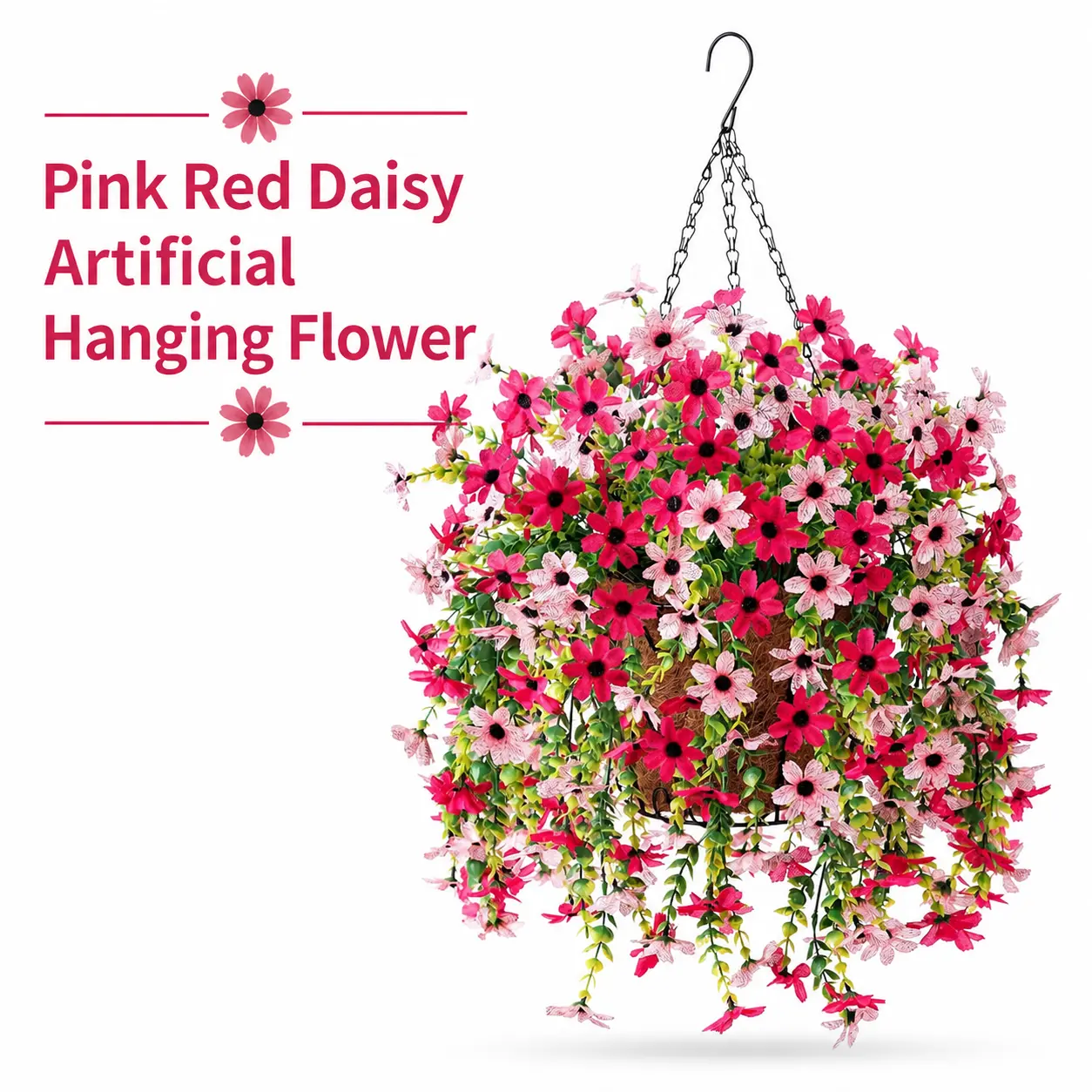 No Maintenance Artificial Hanging Daisy Flower Basket Pink Mixed Fake Trailing Blooms Indoor Outdoor Balcony Patio Farmhouse Decor