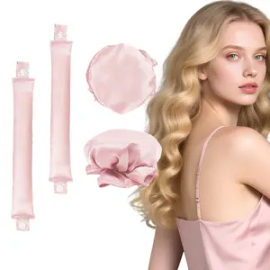 4 Pcs Heatless Hair Curling Set with Satin  Headbands - Creates Beautiful Curls Without Heat Damage （pink and black)