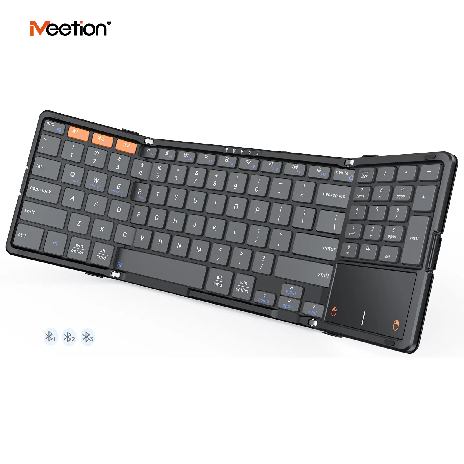 MEETION Rechargeable Bluetooth Foldable Keyboard with Touchpad, Numeric Keypad, Metal Support Bars, Leather Wrap - Portable Full-Size Multi-Device Keyboard for Windows, Mac, iOS, Android, PC, Smartphone, iPad, Tablet (Business Travel Use)