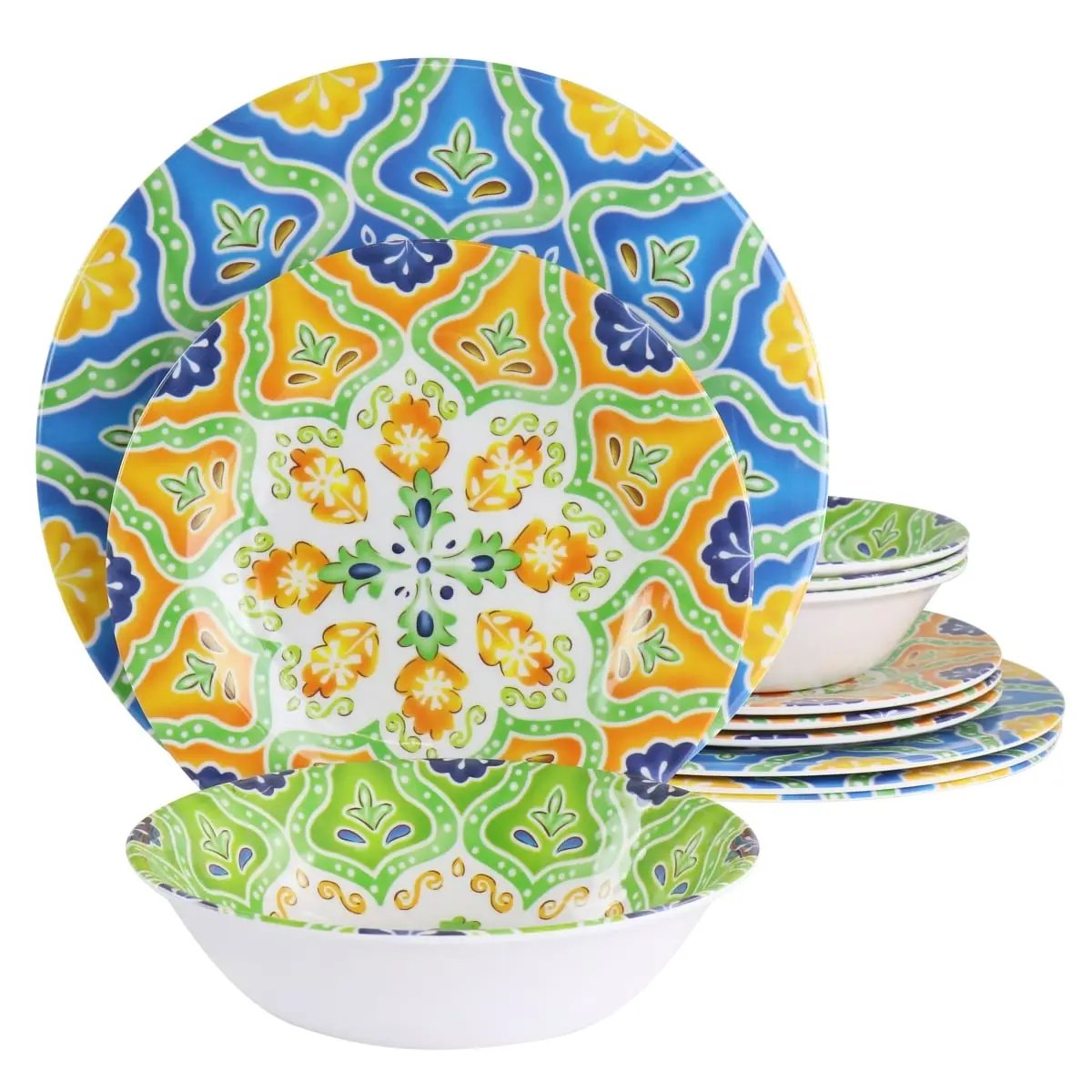Elama EL-STAPANYA 12-Piece Melamine Dinnerware Set, Assorted Whimsical Melamine Dinner Sets (Multi-Color), Assorted Dinner Sets
