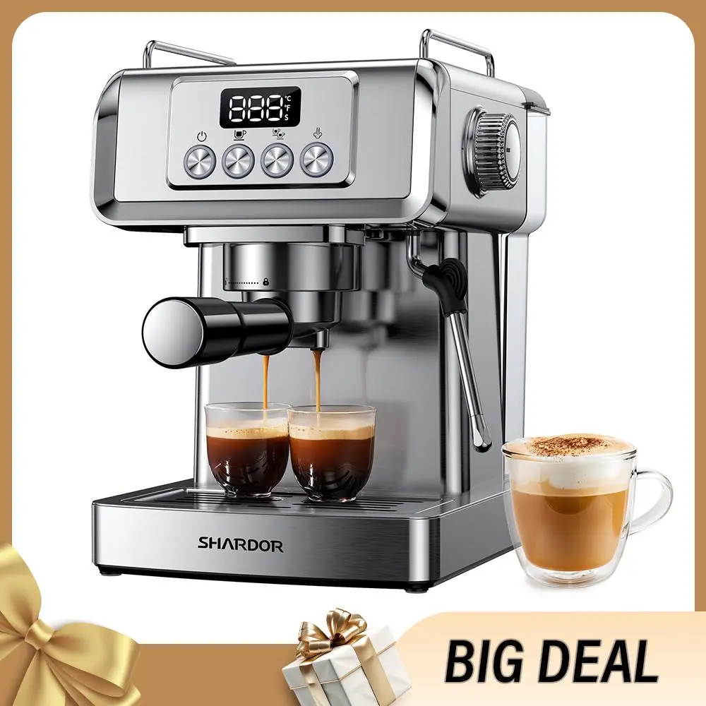 SHARDOR Stainless Steel Espresso Machine - 20-Bar, 1350W, 60 Oz Large Tank, Milk Frother Steam Wand, Steam Control, Double Shots, Fast Brewing, Temperature Display, Manual Latte & Cappuccino Maker, Espresso Tools for Home Coffee Lovers, Automatic Espresso