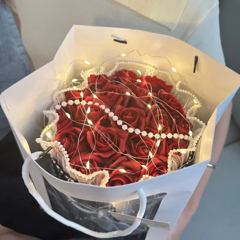 Luxury 19Pcs Forever Red Rose Bucket W/ LED Lights Gift Bag | Romantic Eternal Rose Surprise Gift，gift for women, red rose hug bucket, preserved flower bouquet, valentine gift for her, mothers day floral gift, proposal bouquet, ready made gift bucket