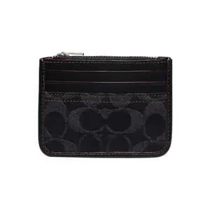 COACH Women's Card Case with Classic Monogram Zipper Closure in Denim and Calfskin