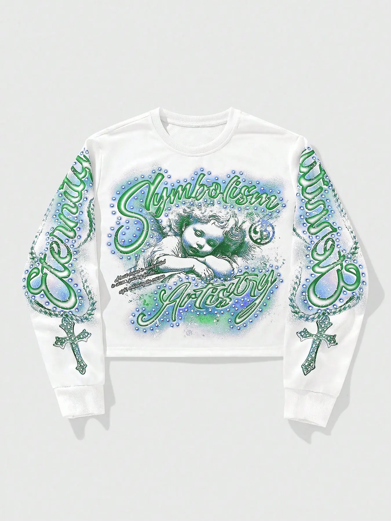 Men's Fashion Streetwear Long Sleeve Short Sweatshirt Tops, Vintage Religious Style, Rhinestone Round Neck, Graphic Angel Print, Casual Daily Wear