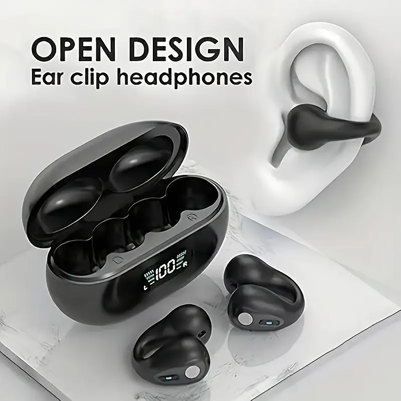 Open-style Bluetooth earphones, clip-on earphones, stereo wireless earphones, with LED battery display charging case, for sports and running, suitable for various scenarios Portable Hands Free Games