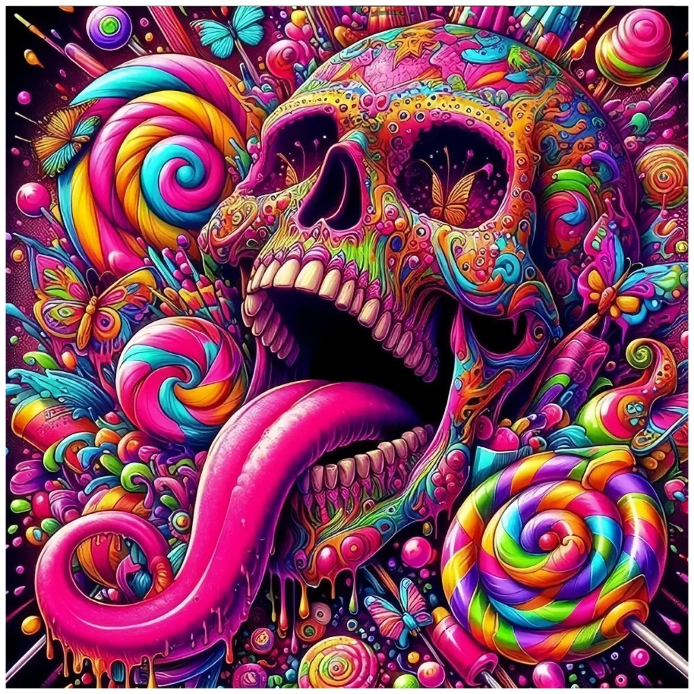 Neon Candy Sugar Skull with Lollipops and Butterflies, Crafts, Multiple sizes available including square and round diamonds, this 5D DIY diamond painting diamond art embroidery kit handmade furniture decor holiday birthday art personalized gift