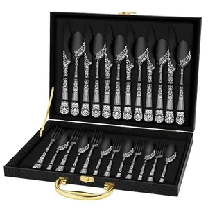 30PCS Unique Floral Black Silverware Stainless Steel Flatware Set with Storage Box