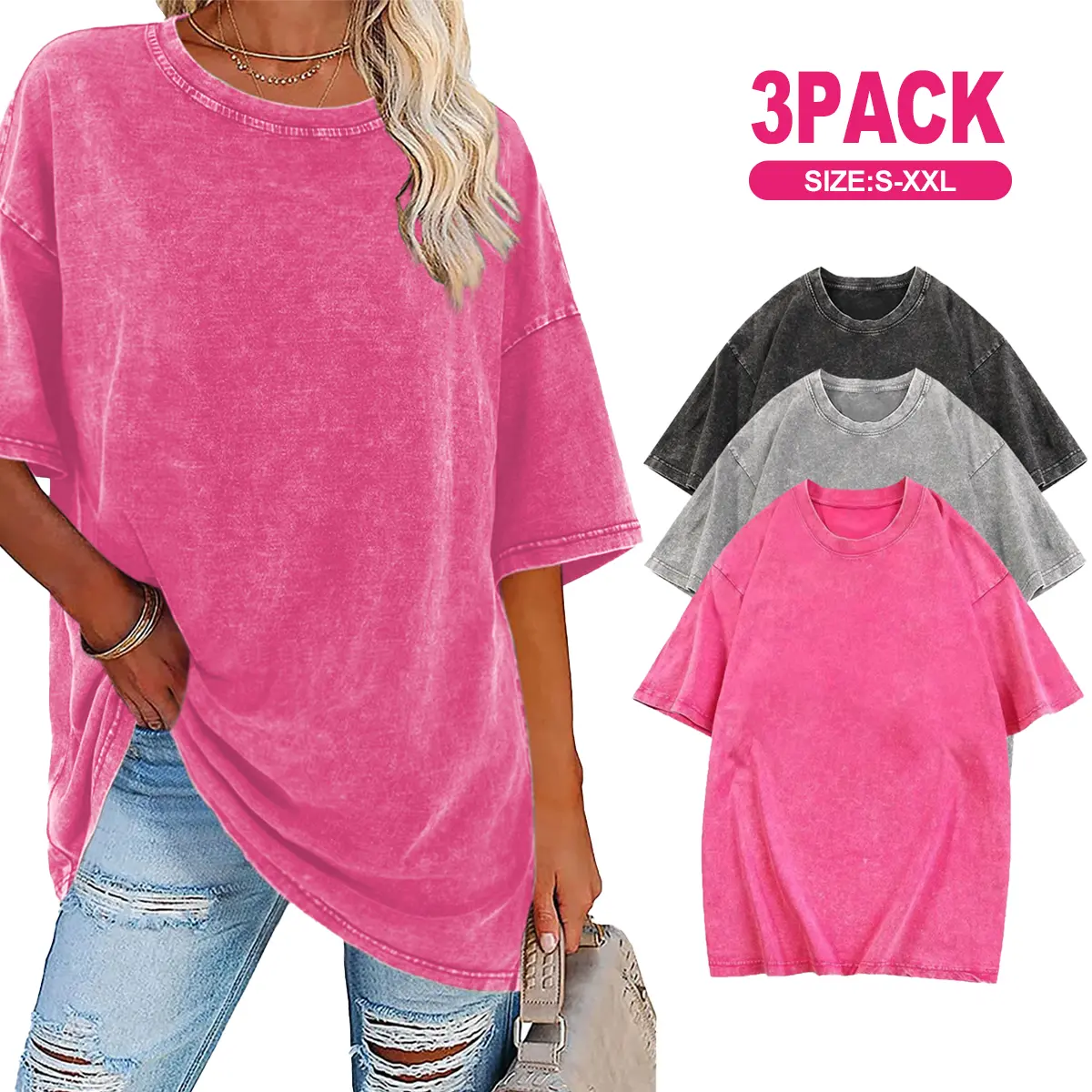 Holafish 1/3 Pack Unisex T-Shirts, Vintage Wash 100% Cotton Breathable Lightweight Short Sleeve Crew Neck Baggy Loose-Fit Tee for Streetwear, Light, Basic, Shortsleeve