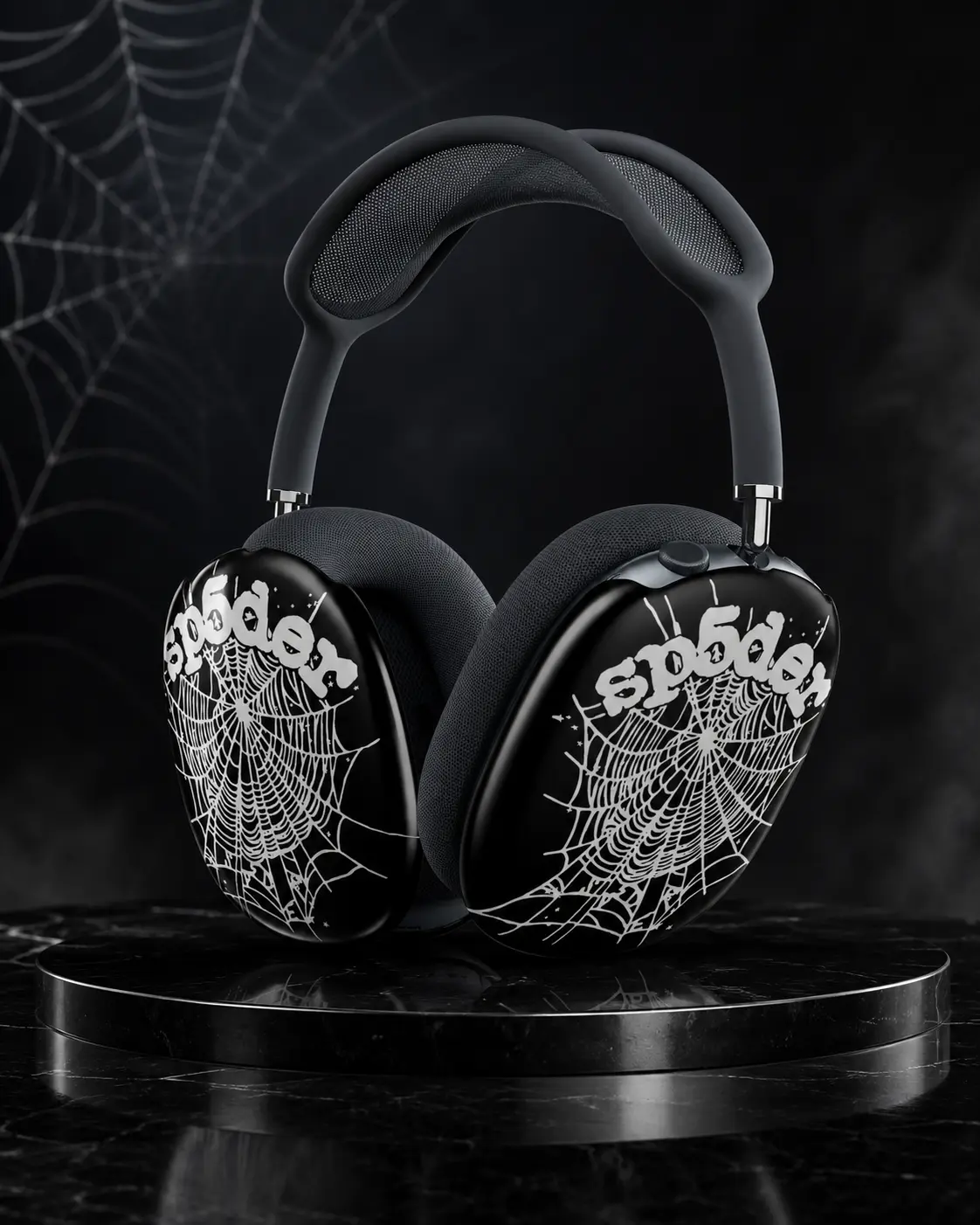 Gothic Spooky Spider Web Protective Over Ear Case for AirPods Max - New Glossy Black Base with Gothic-Style Lettering, Halloween Punk Ear Cup Covers, Headphone Protection Accessories