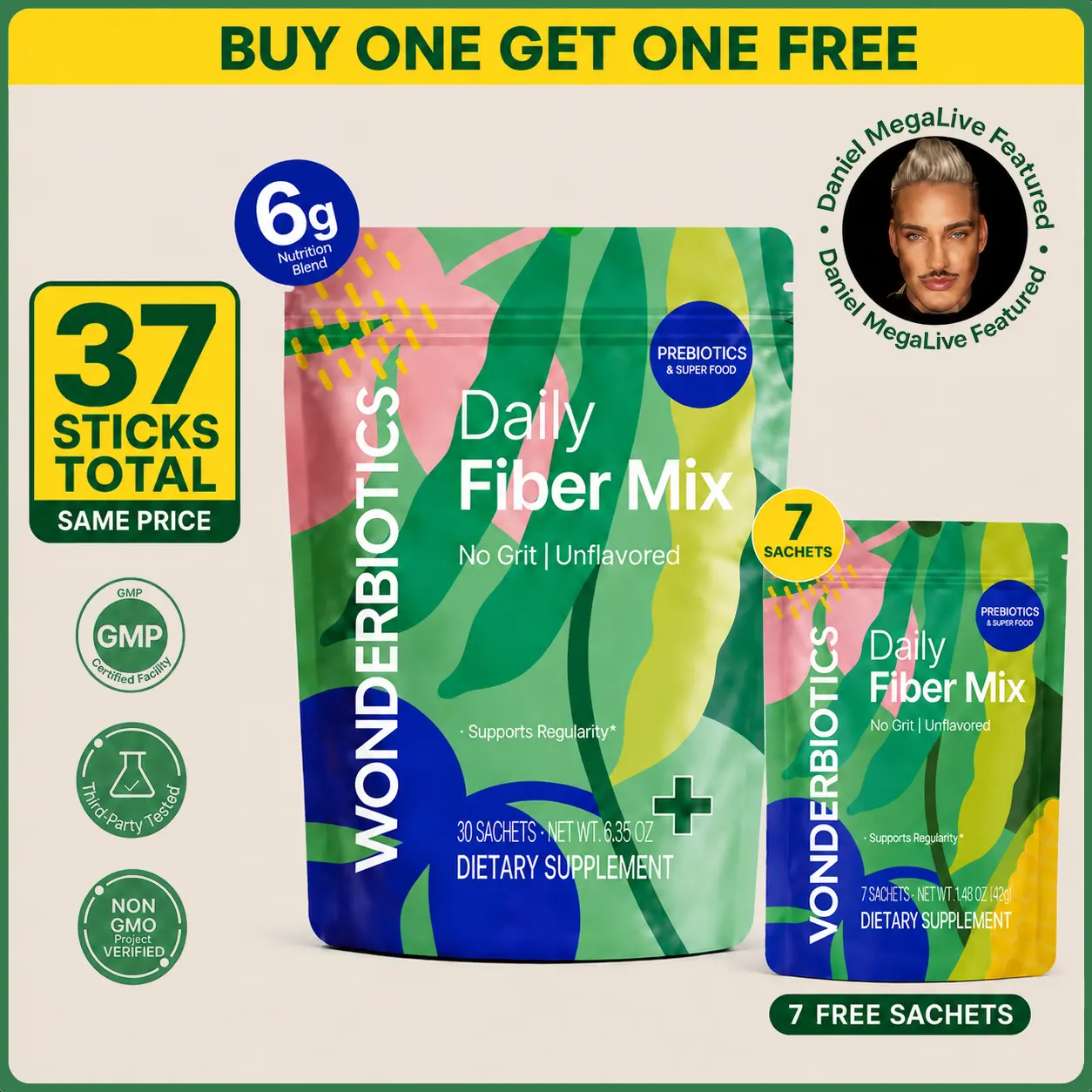 Daily Fiber Supplement Powder Packets - 5 Diverse Fibers with Prebiotics, Superfood Blend for Digestion, Psyllium Husk, PHGG, Drink Mix for Women & Men, Low FODMAP, Sugar Free Healthcare