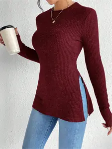 Women's Round-Neck Knitted Long-Sleeve Top Knitwear with Slit Hem for Autumn/Winter, Simple and Chic Design