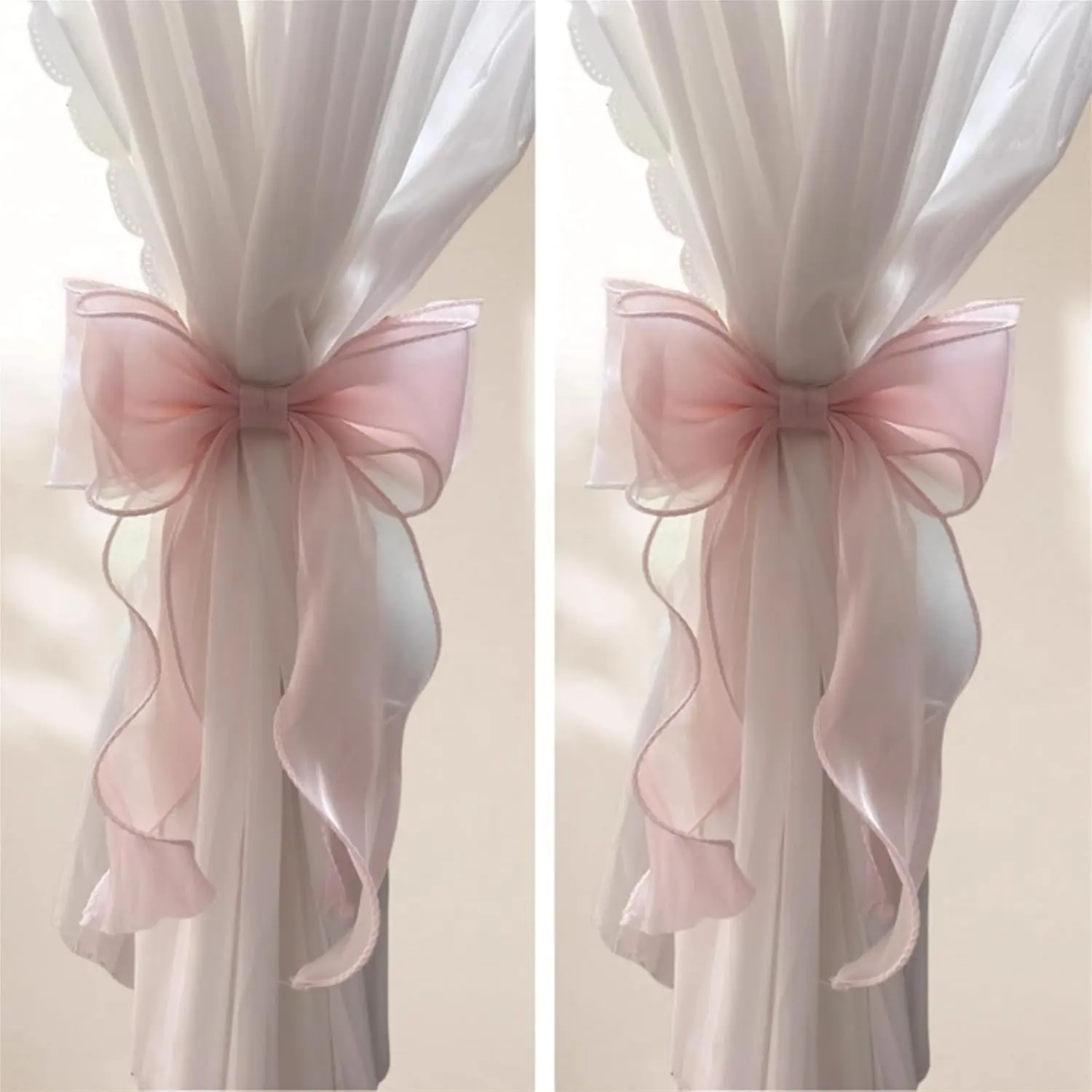 2 Pack French Silky Bow Curtain Tiebacks, Elegant Lace Ribbon  Curtains Decorative Rope Accessories Home Décor (Pink,2)