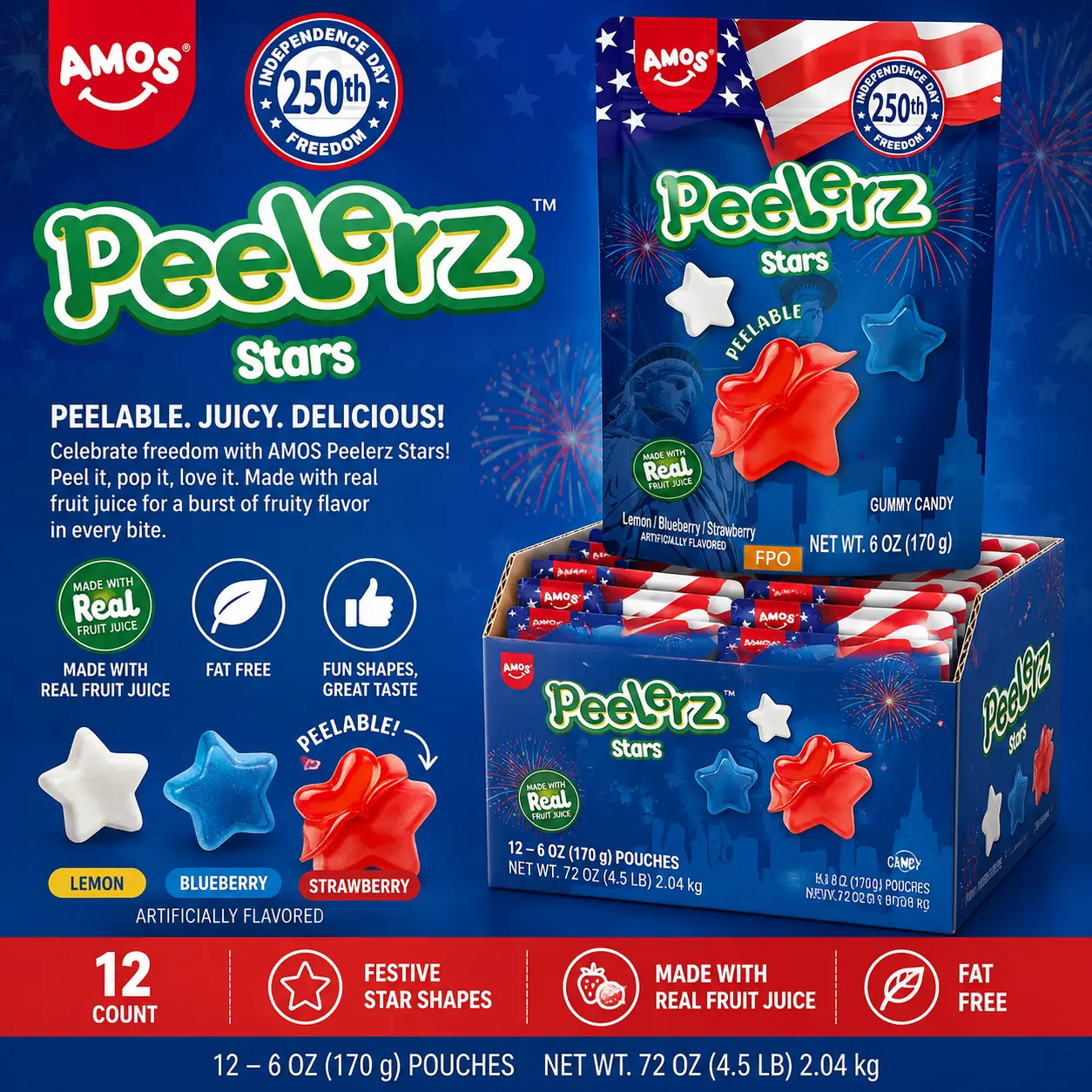 Peelerz Red White Blue Summer Stars Gummies 6 oz 12 Count 4th of July Candy