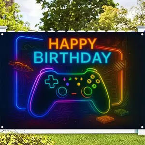 2D Flat Neon Gaming Birthday Banner - 1pc Durable Non-Electric Polyester Decor with Controller Design, Indoor/Outdoor Home & Festive Party Supplies for Gamers (Cake Table Use)