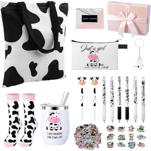 66-Piece Cow Print Gift Set (Women's Edition) Cow Print Theme Accessories: Cosmetic Bag, Tote Bag, 20oz Stainless Steel Mug, Cute Socks, Keychain, Stickers Gift Box Christmas Gift Set