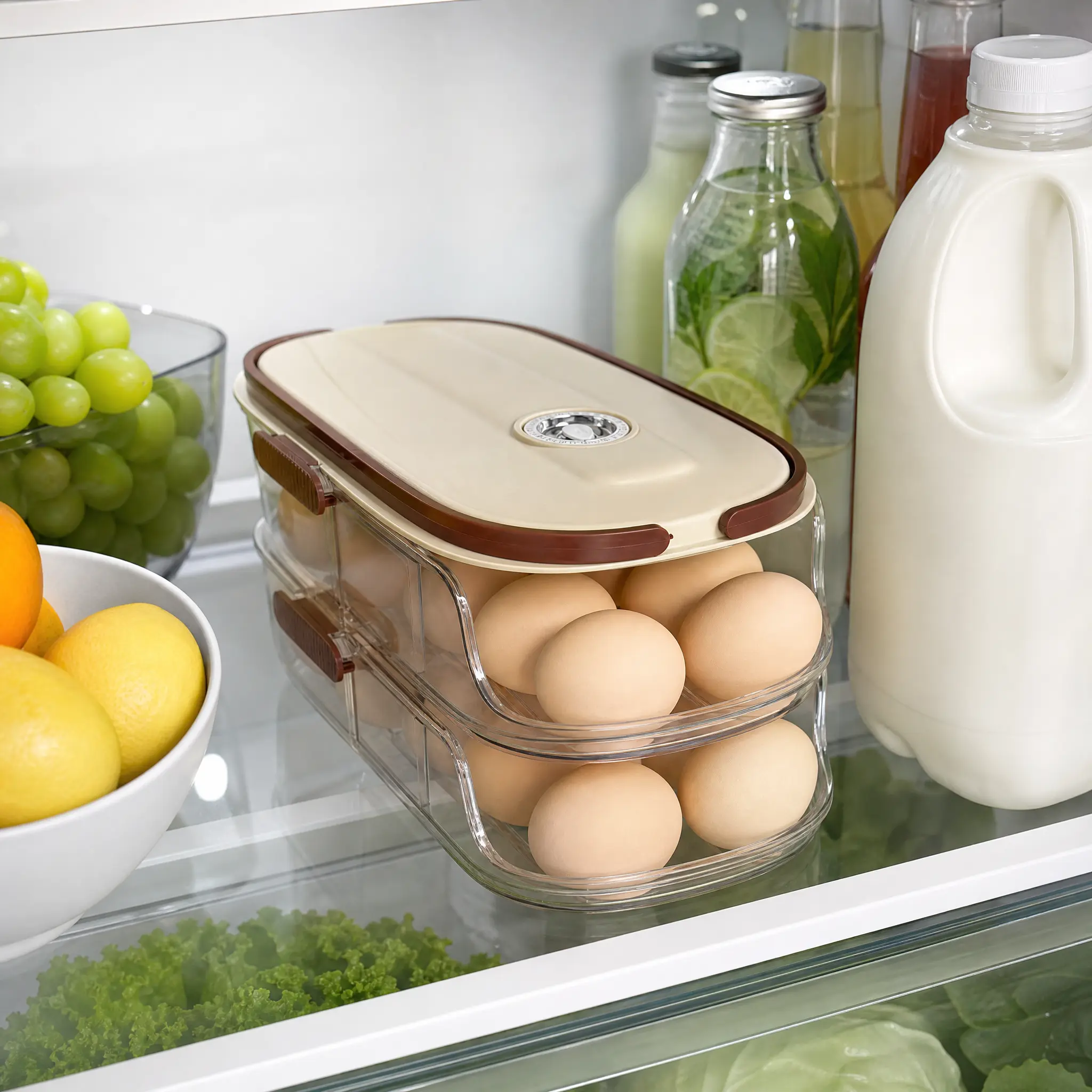 2-Tier Auto Rolling Egg Container, Refrigerator Egg Storage Box Holds 28+ Eggs, Space Saver Egg Tray