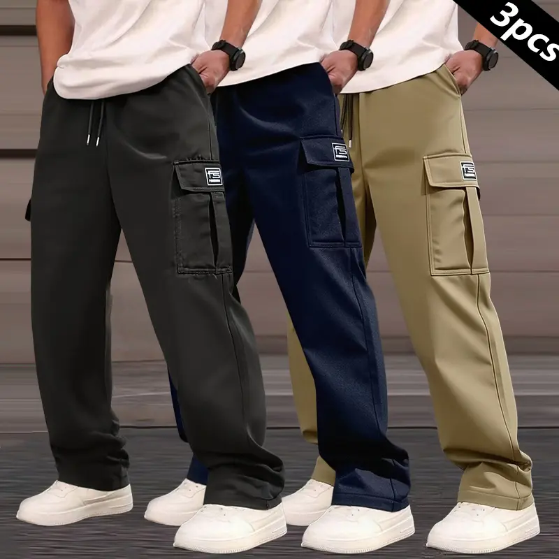 Clean Gent 3-piece men's solid color multi-pocket straight overalls, regular version casual fashion and comfortable outdoor trousers, men's bottoms for daily wear, drawstring waist pants