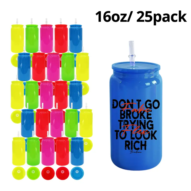 25/50 Pack Reusable Neon Sublimation Tumblers - 16oz (500-1000ml) Sublimation Cups, Plastic Beer Glasses, Soda Cans with Plastic Lids for Summer Kitchenware Drinkware Use, Sublimation Tumbler