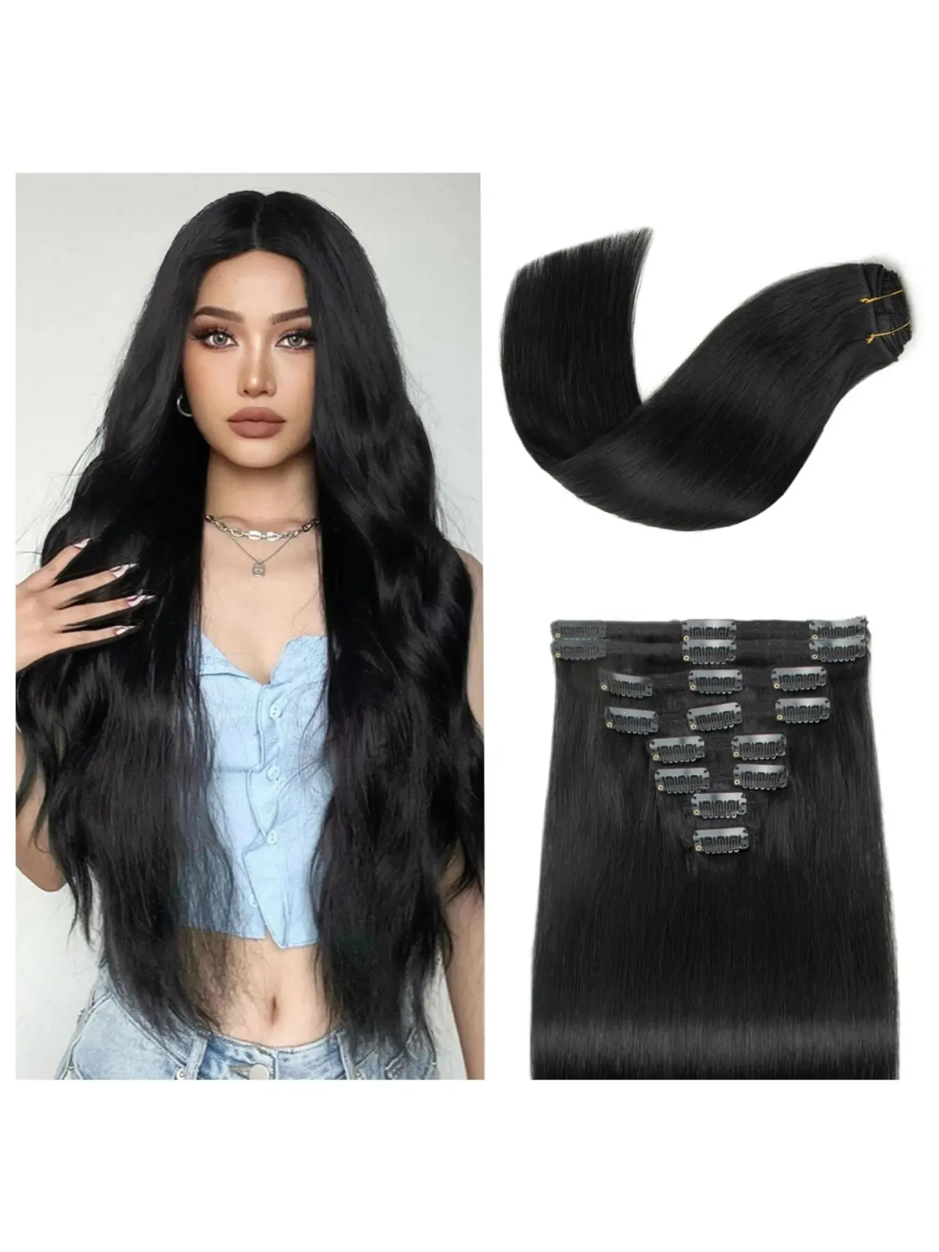 Clip in Hair Extensions Real Human Hair, 100% Brazilian Remy Human Hair Clip ins for Women, Glueless Clip in Straight Seamless Double Weft Hair Extensions, Double Weft Hairpieces, Invisible 8pcs, #1B Natural Black Multiple colors available