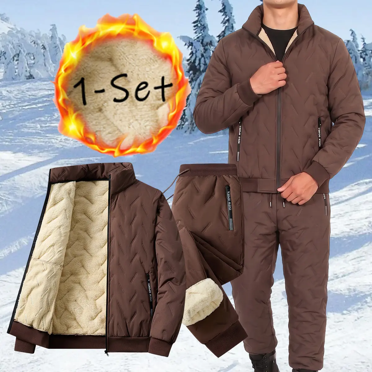 Men's 2-Piece Quilted Casual Menswear Set - Long Sleeve Jacket, Matching Pants with Zip Front, Plain Design, Poly Fill, Breathable, Non-Bulky, Relaxed & Functional for Winter Walks, Work-From-Home