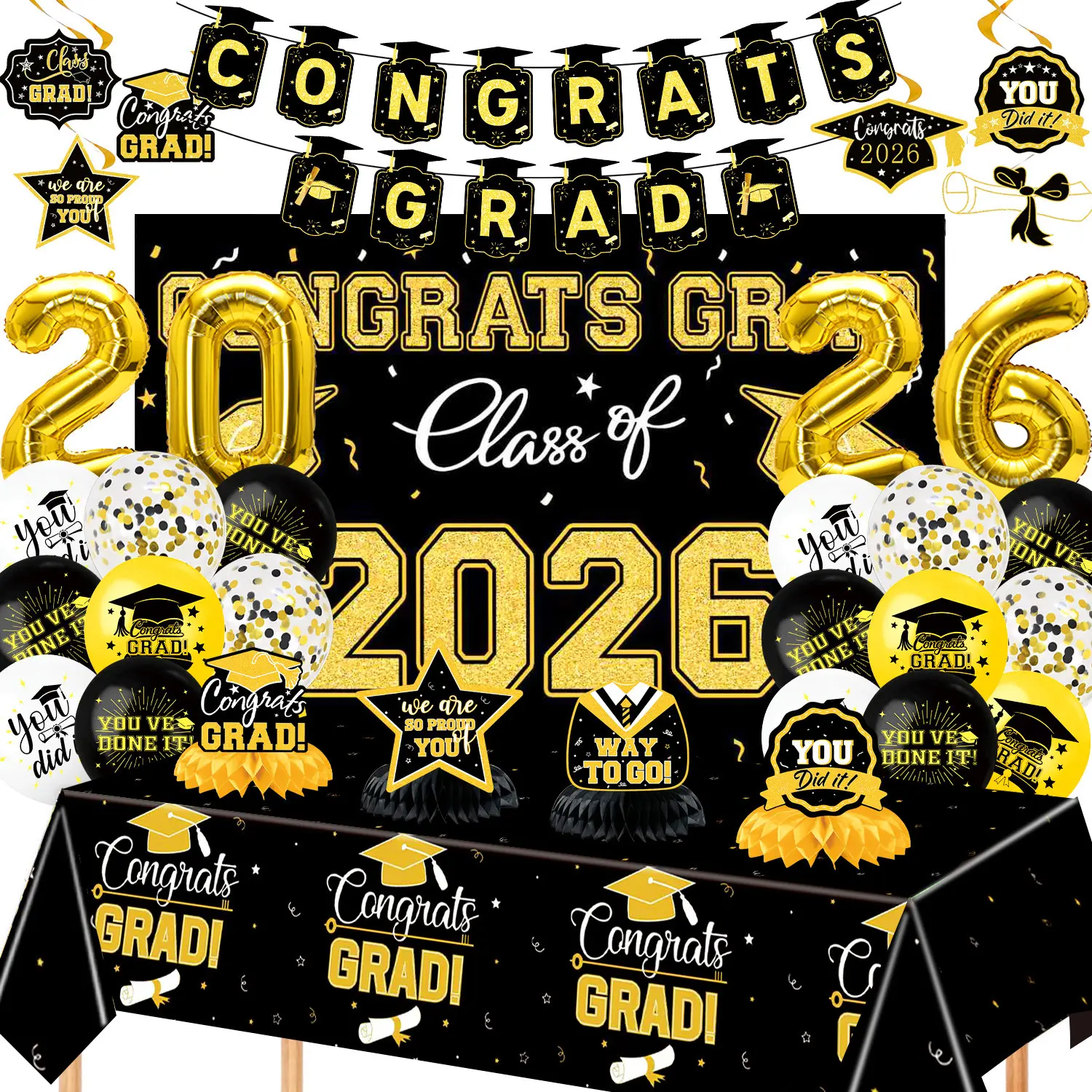 Class of 2026 Black Graduation Goodies Set - 7-Piece Party Decor Kit for Adult Graduates, with Bold Letter Backdrop, Balloons, Congrats Banner, Ideal for Home, High School Celebrations