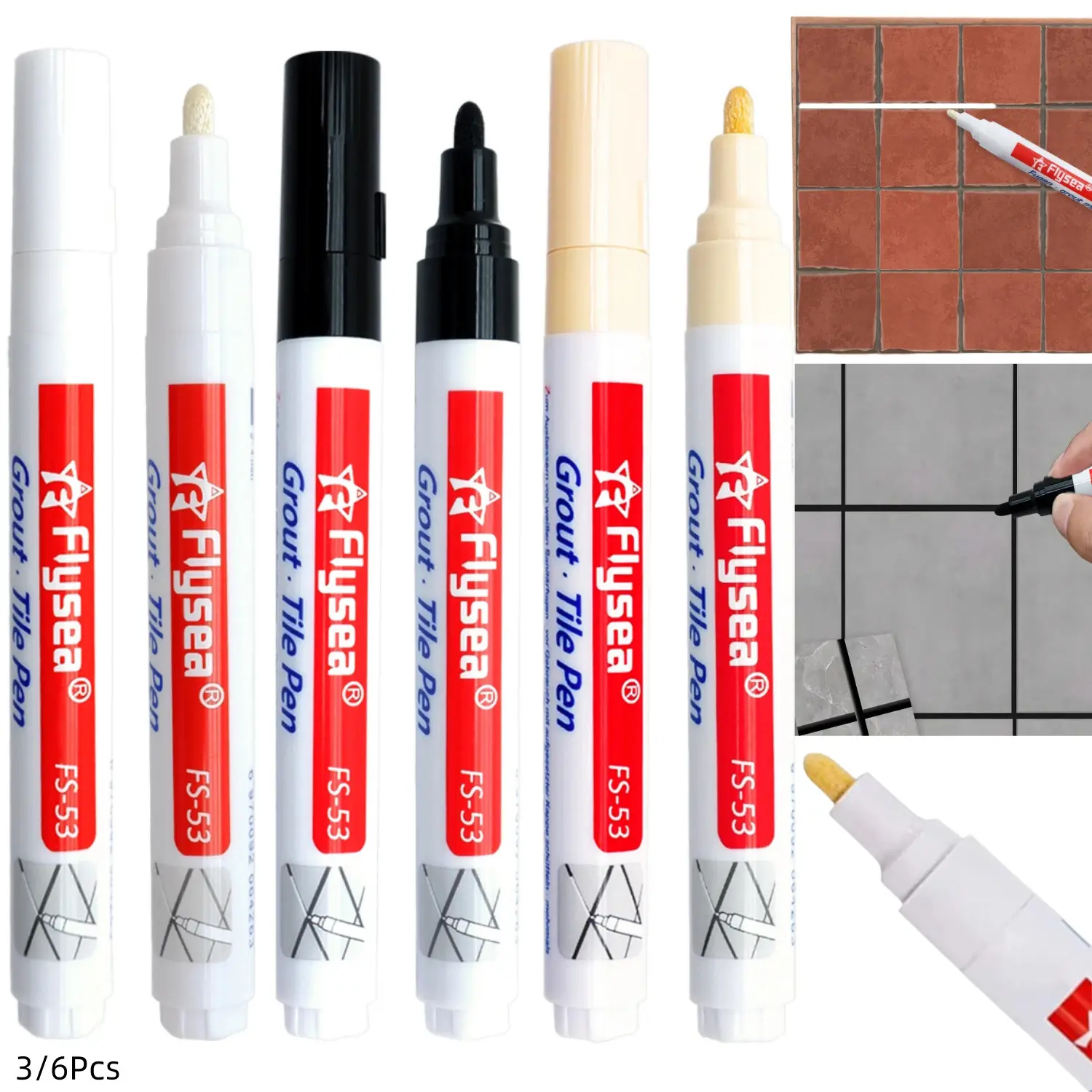 3/6 Pieces Tile Pen Wall Grout Color Pen Tile Repair Pen Refill Wall Gap Grout Renew Marker for Tiles Floor Bathroom Decontamination Seam Repair Restoration Refillable (Black,White,Beige)
