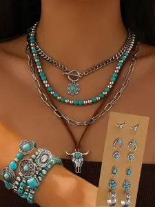 Boho Vintage Turquoise Texture Decor Layered Jewelry Set, Including Necklace & Bracelets & Earrings, Fashion Jewelry for Party, Daily Clothing Decor