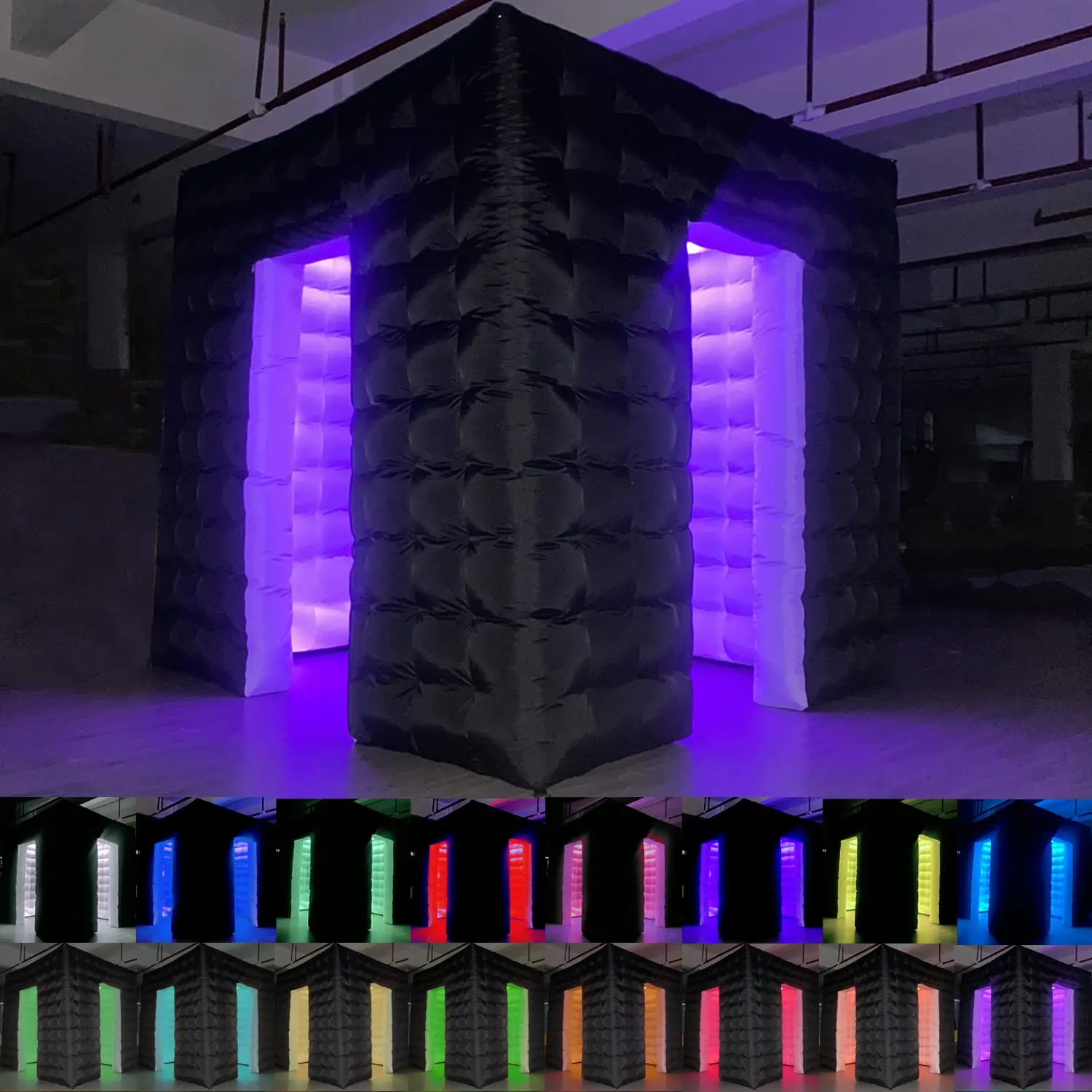 Inflatable Photo Booth Enclosure (Black, Two Doors, 8.2x8.2x8.2ft) Portable Inflatable LED Photobooth with Inner Air Blower Great for Parties Weddings Anniversary Parties Lighting Camera