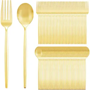 200PCS Gold Plastic Forks and Spoons Heavy Duty Set, Gold Disposable Silverware, Gold Cutlery, Disposable Utensils, Plastic Flatware Includes 100 Forks, 100 Spoons for Party