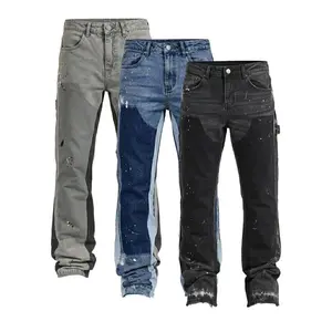 Men's Viral 2026 Trend Flare Denim Jeans Patchwork Paint Splatter Flare Denim Jeans Carpenter Pocket Raw Hem High Street Skate Pants Carpenter Flare Denim Jeans Raw Hem Loose Fit Stretch High Street Skate Pants for Men