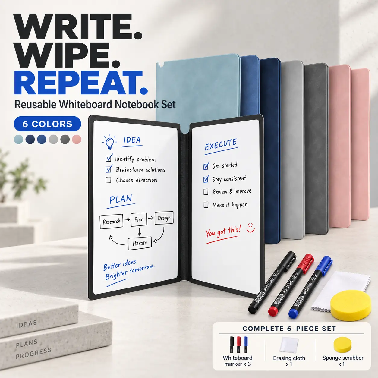 A5 Reusable Dry Erase Notebook Set, Lay-Flat Double-Sided PET Whiteboard Pad with 0.5mm Fine-Tip Markers & Cleaning Cloth, Portable Faux Leather Scratch Pad for Math Practice, Notes, Doodles, School, Office, Home, Travel & Study