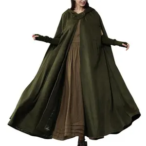 Women Long Hooded Woolen Cloak, Solid Color Vintage Poncho, Black/ Grey/ Blue/ Dark Green Womenswear Clothes