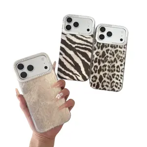 Textured Zebra & Leopard Pattern 3D Rhinestone Edge Frame Phone Case for iPhone 17/16/15 Pro Max Stylish Protective Cover with Unique Design